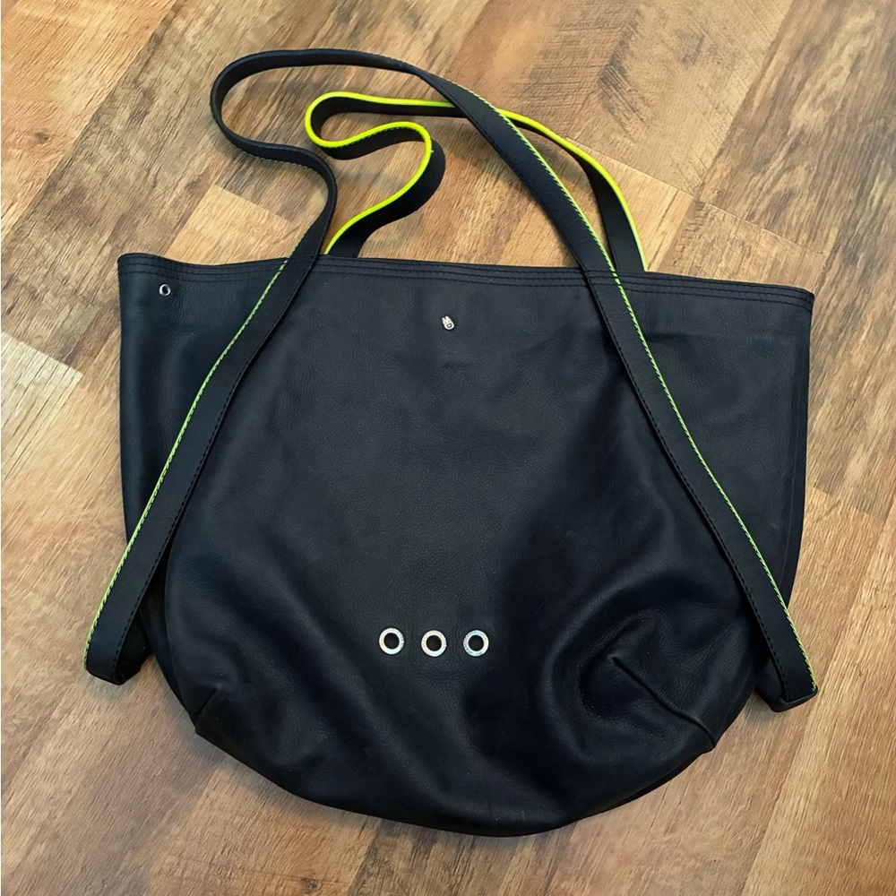 Mandarins Duck Black Leather Tote Bag with Neon Trim
